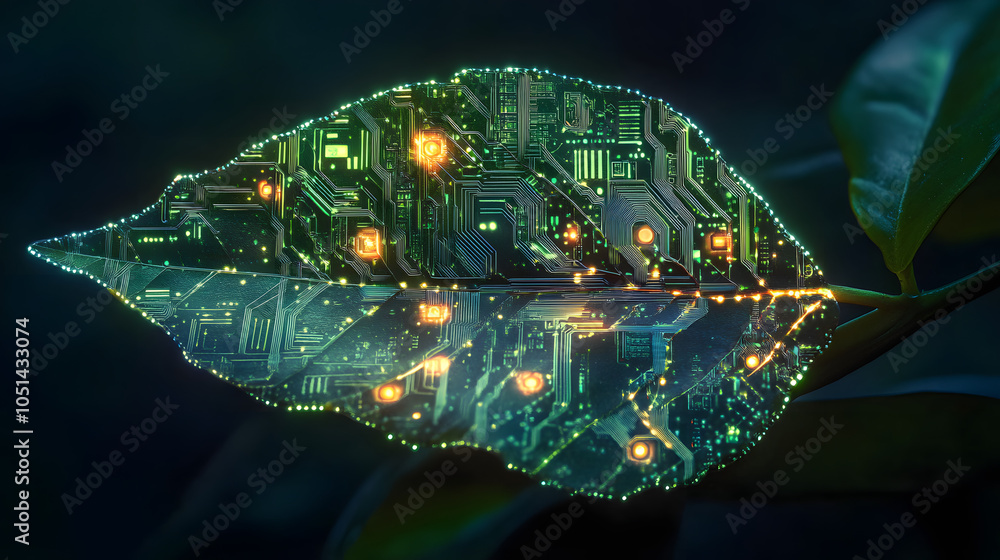 Poster this image showcases a leaf with a glowing circuit board pattern, symbolizing a fusion of nature and