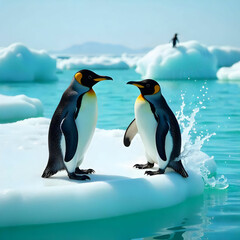 Obraz premium A group of clumsy penguins tries to surf on icebergs, with one penguin making a splash as it hilariously tumbles into the water