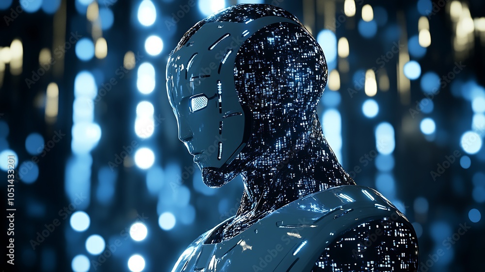 Aufkleber Sleek Cybernetic Robot with Advanced Digital Features in a Glowing Cyan Background : Generative AI