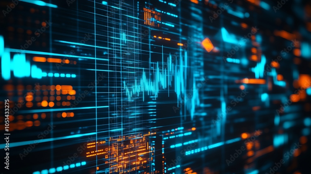 Poster Innovative Tech Network and Data Visualization with Blue and Orange Hues : Generative AI