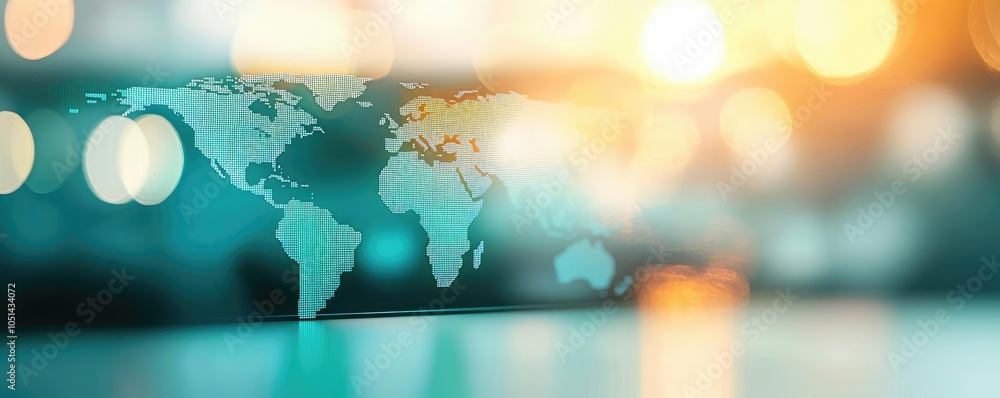 Poster abstract world map overlay with blurred background and warm light effects.