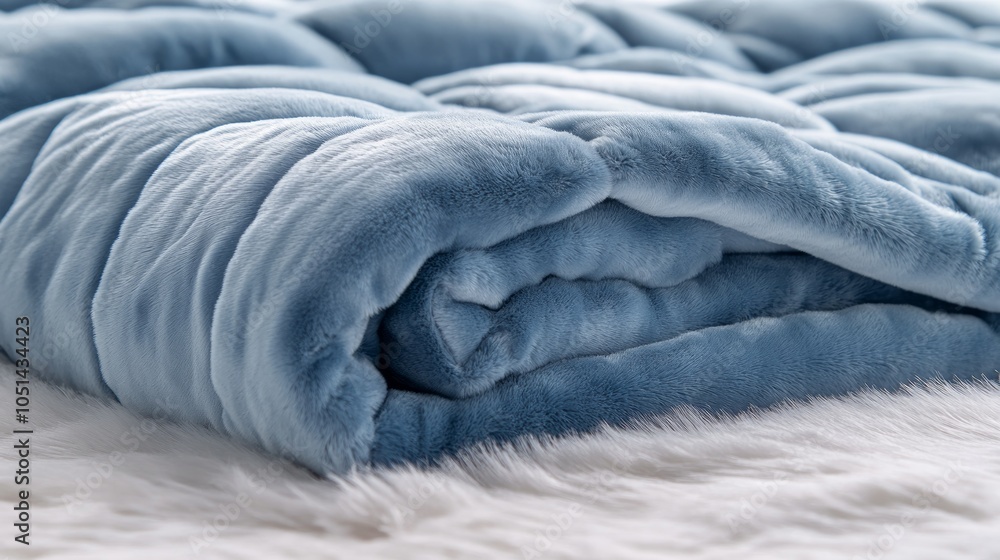 Poster a plush blue weighted blanket is neatly folded on a soft white fabric, creating a serene and invitin