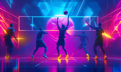 Dynamic Volleyball Action with Neon Lights and Abstract Geometric Patterns for Futuristic Sports Branding