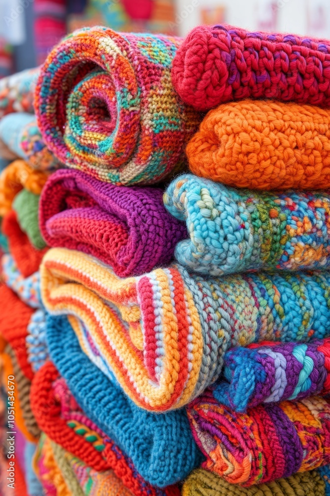 Poster a collection of beautifully crafted weighted blankets featuring various colors and patterns, creatin