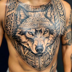 Fusion of Culture and Modernity in Monochromatic Wolf-Inspired KB Tattoo Design