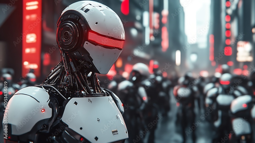 Poster Cutting-edge robot in dystopian city with red neon visual themes and cybernetic advancements : Generative AI