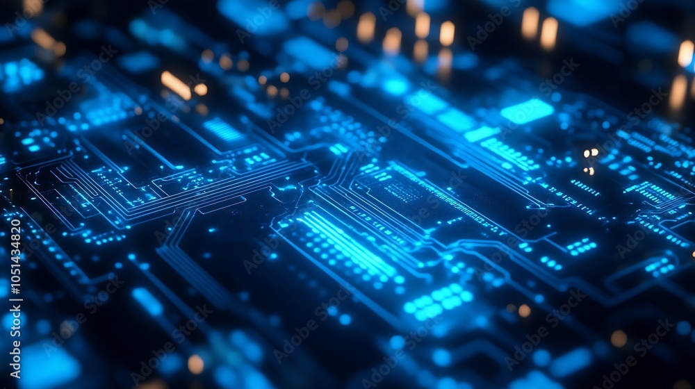 Poster futuristic digital circuit board with blue neon lights technology background : generative ai