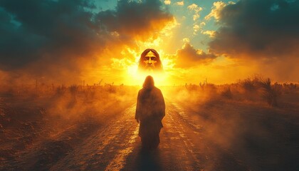 Obraz premium Jesus Christ images, Majestic Sunset Sky with Jesus' Face in the Clouds Over Desert Road