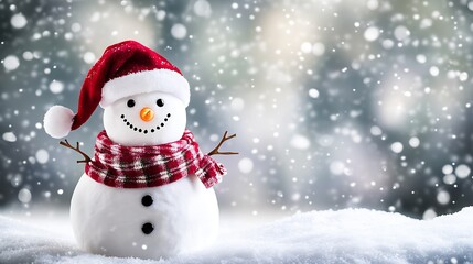Adorable Snowman with Plaid Scarf in Snowy Winter Wonderland Scene : Generative AI