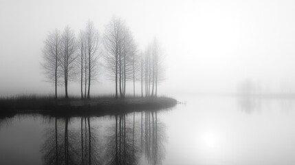 Obraz premium A group of trees stand in a misty lake, creating a serene and mysterious atmosphere.