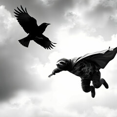 A sloth dons a superhero costume, soaring through the sky in slow motion, while a bewildered bird zips past,