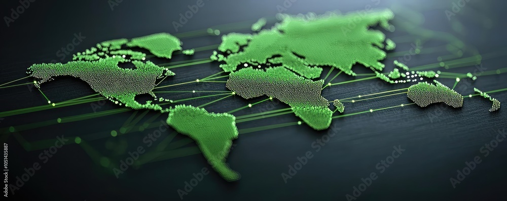 Poster green world map with connectivity lines, modern design on dark background.
