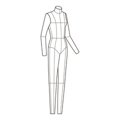 Three-quarter view of a female fashion template with body contour lines, ideal for clothing design, pattern drafting, and technical illustration.

