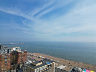 High Angle View of Most Beautiful and Attractive British Tourist Attraction of Brighton seaside resort and Beach City of East Sussex, England GB. Footage Captured with Drone's Camera on May 9th, 2024