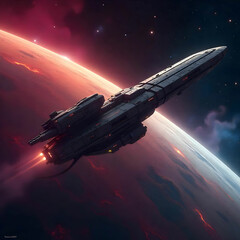 Obraz premium A space station orbits a distant planet, surrounded by colorful nebulas and twinkling stars,