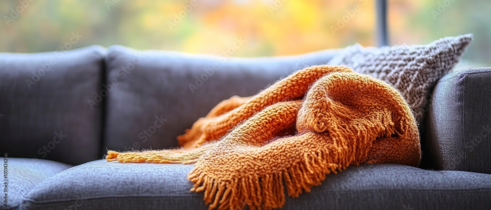 Aufkleber a relaxed couch is adorned with a cozy weighted blanket and a knitted pillow, creating a warm and in
