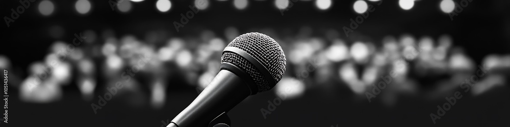 Poster Closeup of microphone facing crowd in theater with focus on sound quality and atmosphere : Generative AI