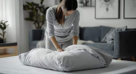 Luxurious Bedding. A woman straightens the pillows lying on a bed