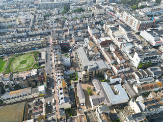 High Angle View of Most Beautiful and Attractive British Tourist Attraction of Brighton seaside resort and Beach City of East Sussex, England GB. Footage Captured with Drone's Camera on May 9th, 2024