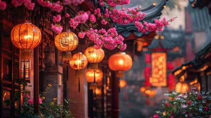 Lanterns Hanging on Chinese-style Architecture