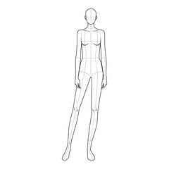Minimalist line art of a female figure in a relaxed stance with anatomical guidelines, ideal for fashion illustration and study.
