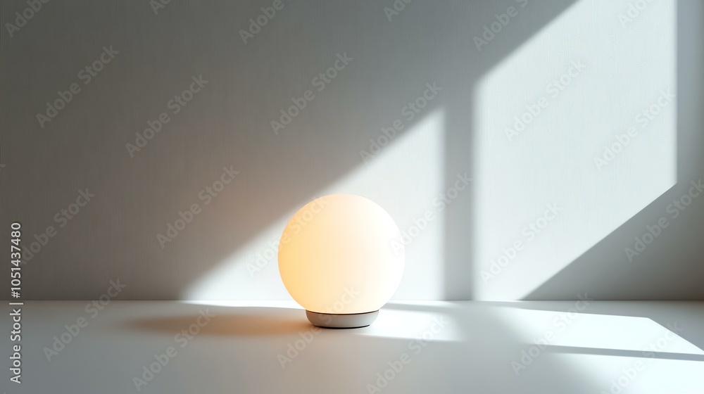 Poster a glowing orb lamp sits on a white surface, casting soft shadows, creating a serene and tranquil atm