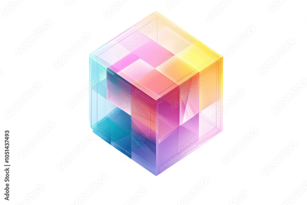 Poster Vibrant, multicolored 3D cube with geometric patterns and gradients, illustrating modern abstract art and digital design concepts.