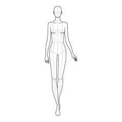 Minimalist line drawing of a female figure in a forward-walking stance with anatomical guidelines, suitable for fashion design and anatomy reference.
