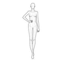 Minimalist line art of a female figure with one hand on the hip, featuring anatomical guidelines, ideal for fashion and anatomy studies.
