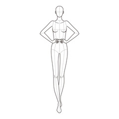 Minimalist line drawing of a female figure with hands on hips, anatomical guidelines, perfect for fashion templates and anatomy references.
