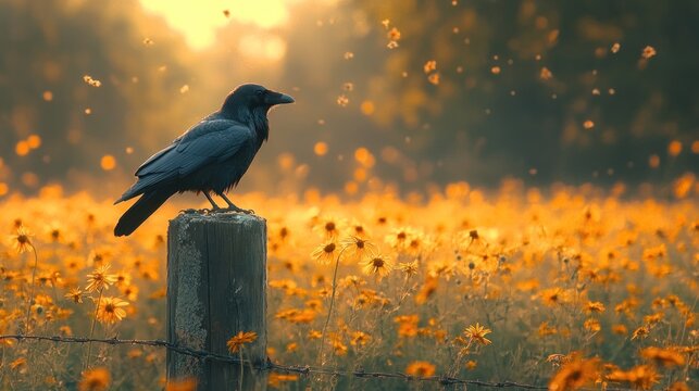 A lone raven stands on a wooden post in a field of yellow wildflowers as the sun sets in the background.
