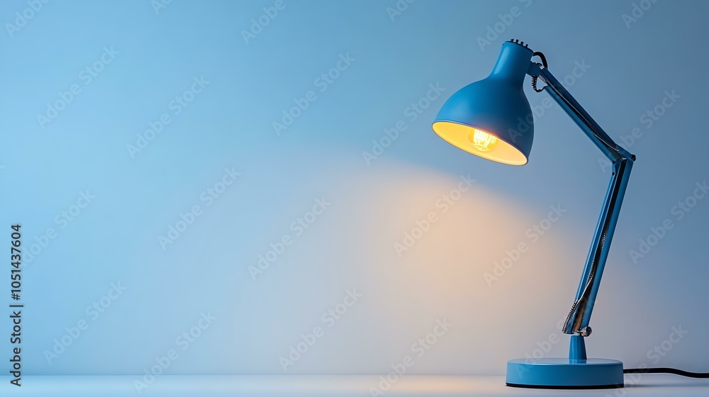 Poster a modern blue desk lamp casting warm light on a minimalistic background, perfect for enhancing works