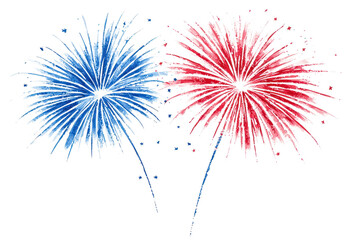 Vibrant red and blue fireworks burst against a dark sky, capturing the essence of celebration and festive joy in a dazzling display.