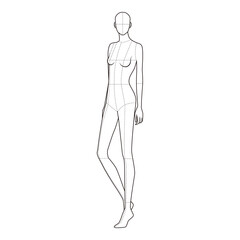 Minimalist side view line drawing of a female figure with one leg slightly bent, featuring anatomical guides, ideal for fashion templates and anatomy references.
