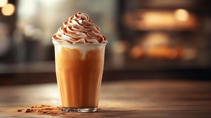 A coffee frappe with a caramel topping on top of the drink