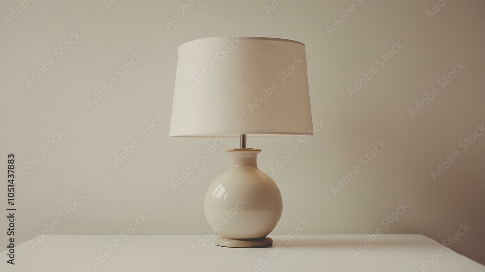 Poster a simple, elegant table lamp with a white shade and round base, providing soft illumination for a co