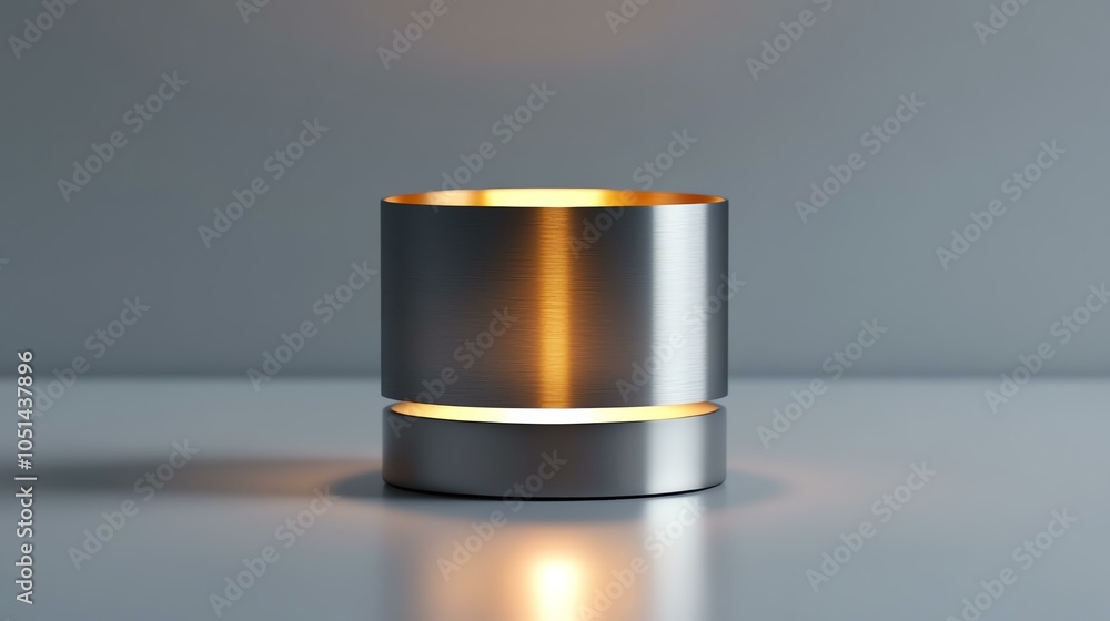 Poster a sleek metallic candle holder illuminated from within, casting a warm glow in a modern, minimalisti