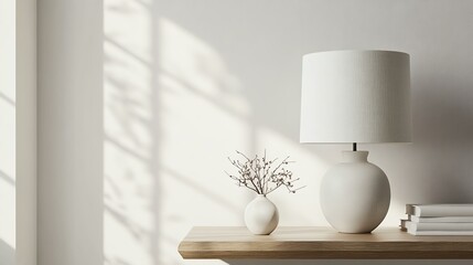 A serene interior scene featuring a lamp and a small vase with dried flowers on a wooden table against a softly lit wall, creating a calming and minimalist atmosphere.