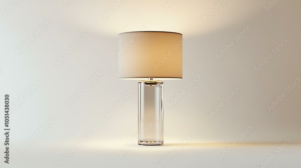 Poster a stylish modern lamp with a transparent base and a soft beige shade, illuminating a serene space. p