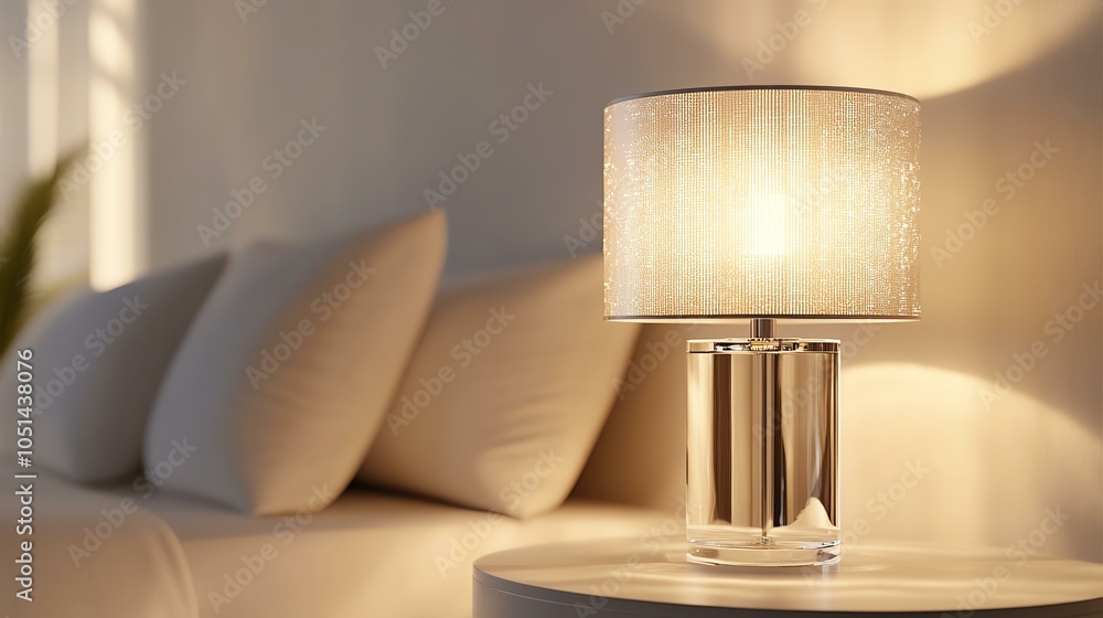 Aufkleber a stylish lamp with a soft glow on a modern side table beside a plush sofa, creating a warm and invi