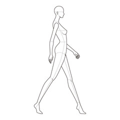Minimalist line art of a female figure in profile walking forward, with anatomical guides, perfect for fashion design and anatomical references.
