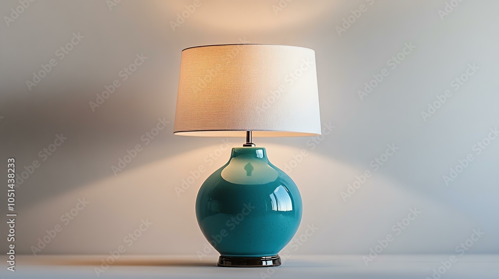 Poster a stylish turquoise lamp with a soft white shade illuminating a minimalist interior. perfect for add