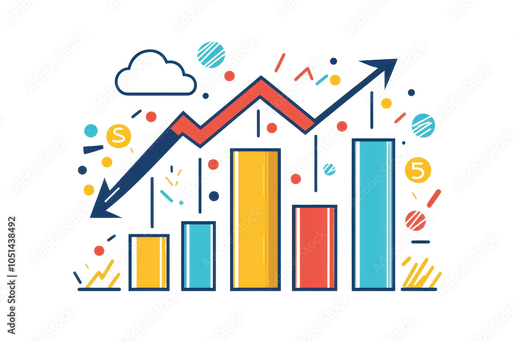 Poster vibrant bar and line graph with colorful data representations and growth arrow, symbolizing financia