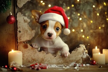 Charming puppy in Santa hat with glowing Christmas decor.