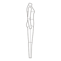 Side view technical flat of a full-body garment, showing seam lines and garment construction details in a minimalist outline style.
