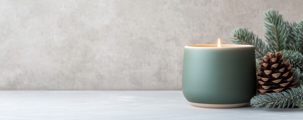 A peaceful candle with a green holder, pinecone, and evergreen on a neutral background.