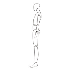 Side view of a technical flat mannequin with articulated joints, highlighting segmented body structure and simplified human proportions in a minimalist outline style.
