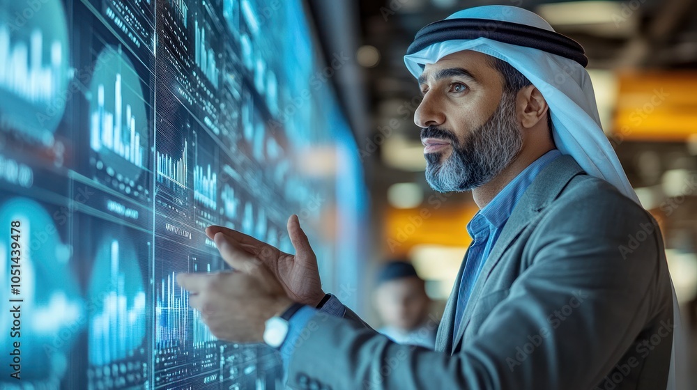 Poster arab businessman analyzing data on a large interactive screen.