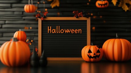 Halloween-themed setup with pumpkins and decor items