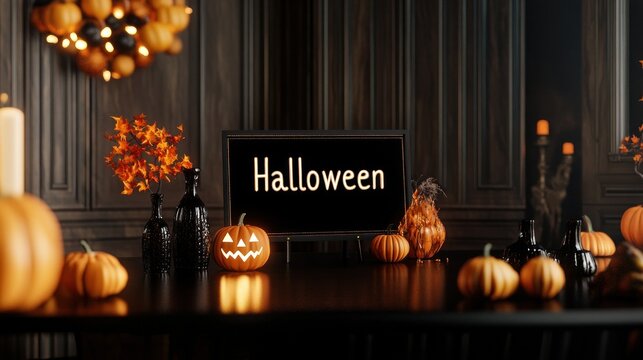Elegant Halloween setting with pumpkins and decor.